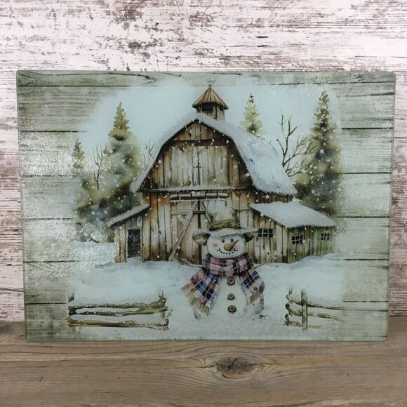 Rustic Country Snowman Glass Cutting Board - Picture 2 of 8